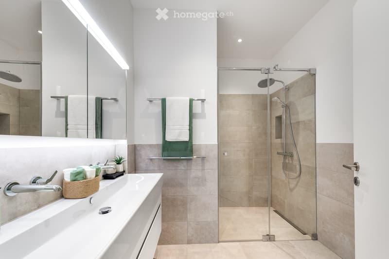 modern bathroom with white tiles, glass shower, white sink, towel racks, potted plant