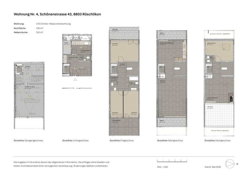 6 rooms, 174.1 sqm, 50.1 sqm additional space, 5 floors, garage, terrace