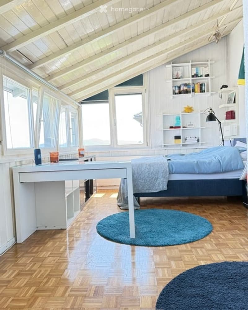 Bright bedroom with wooden floors, large windows offering a view, a bed with blue bedding, a white desk, shelves with books, and a blue rug.