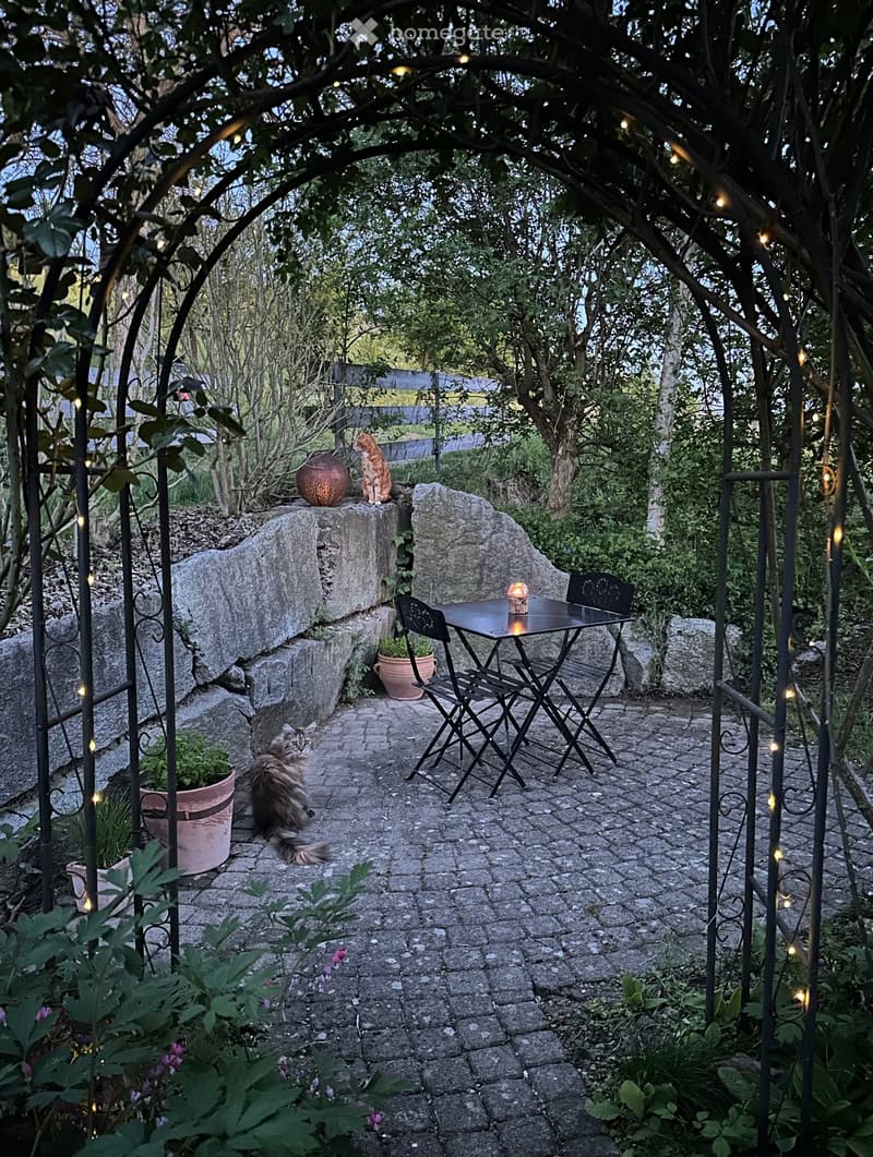 Outdoor seating area with a table and chairs, stone pathway, stone wall, plants, and string lights