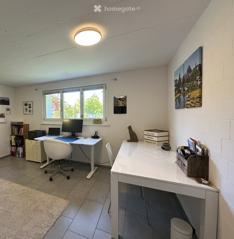 Office room with desk, computer, chair, cabinet, books, rug, and pictures on the wall