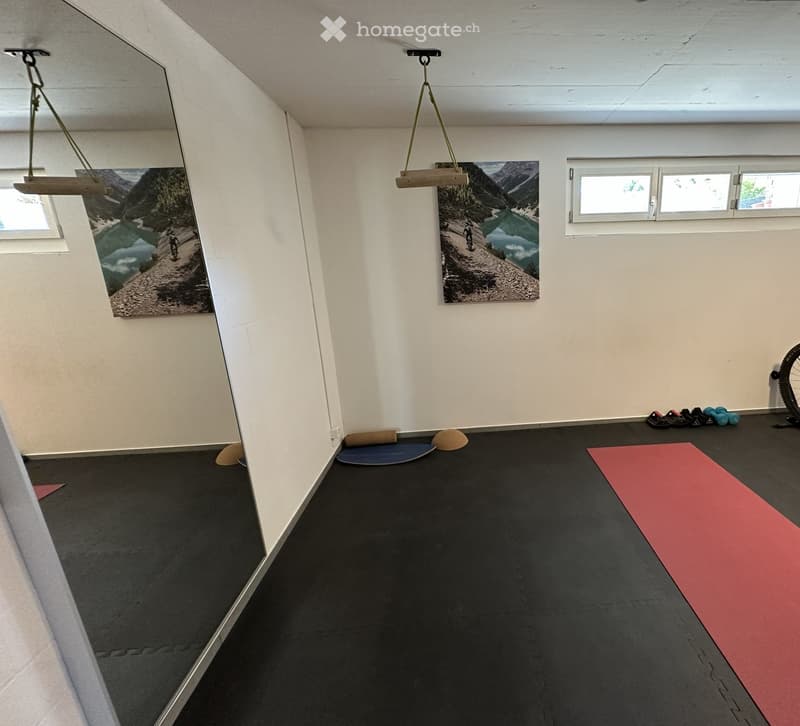 A room with a mirror, two hanging objects, two pictures on the wall, a window, a red yoga mat, a blue mat, a bicycle wheel, and dumbbells.