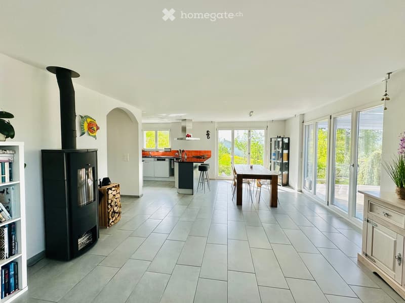 Open plan living room and kitchen, fireplace, dining table, sliding glass doors, kitchen island, white walls, tiled floor