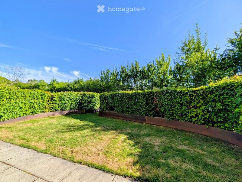 well-maintained garden with neatly trimmed hedges, a small lawn area, and a paved pathway