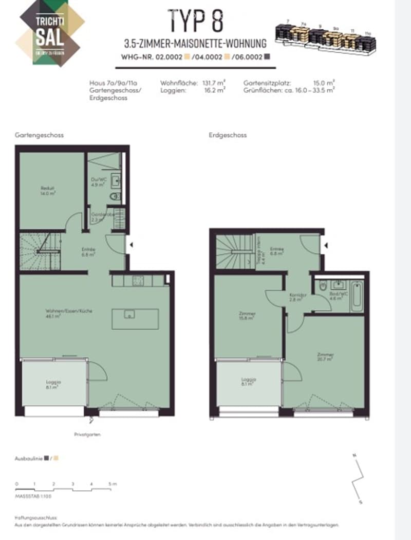 Floor plan of a 3.5 room maisonette apartment with living room, kitchen, 2 bedrooms, 2 bathrooms, and a balcony