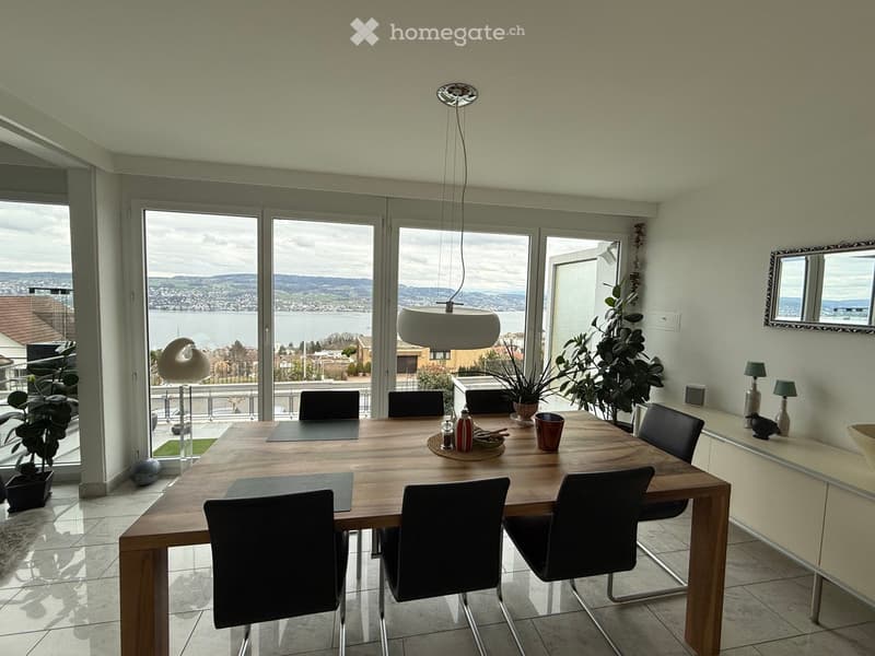 Dining room with large windows, wooden table, black chairs, plants, view of the lake