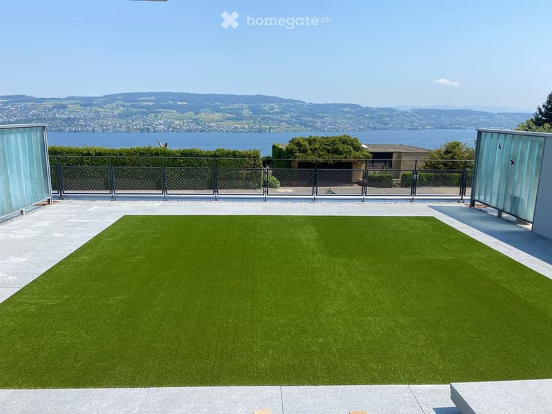 artificial grass, large, fenced, elevated, lake view