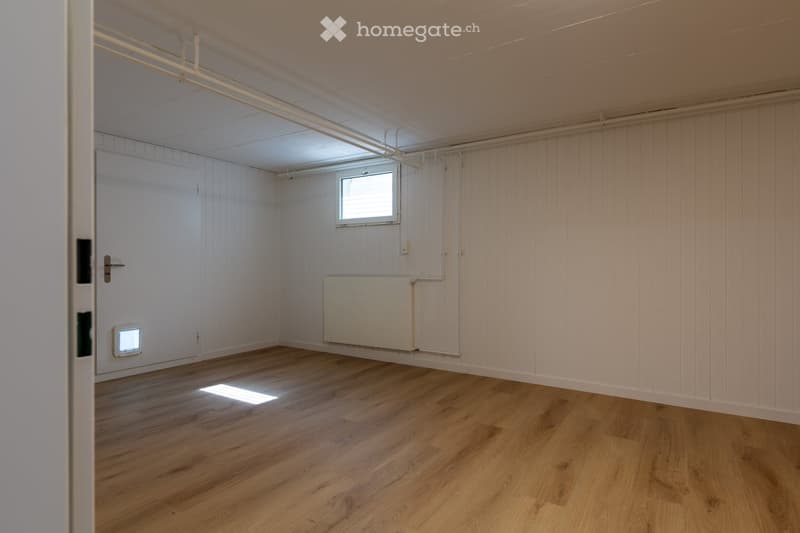 empty room, wooden floor, white walls, small window, radiator, door with cat flap