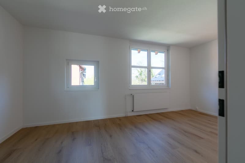 empty room, white walls, wooden floor, two windows, white radiator