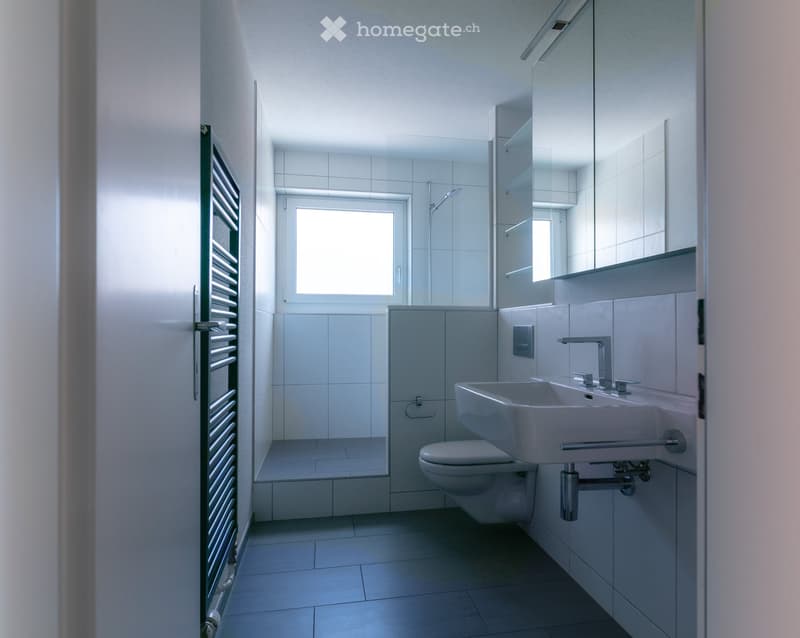 Bathroom with white tiles, white sink, white toilet, shower, window, towel rack