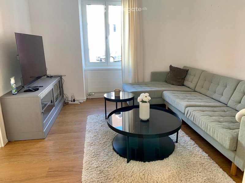 A living room with a grey couch, a large TV on the side, a center table, a coffee table, a carpet, and a white wall.