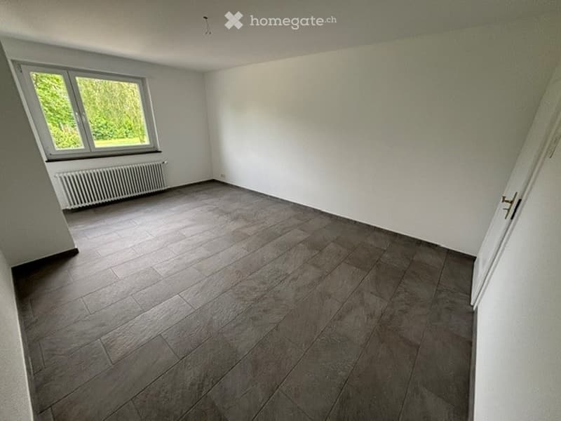 Empty room with wooden flooring, white walls, large window with white frame, radiator below window, and a closed white door.