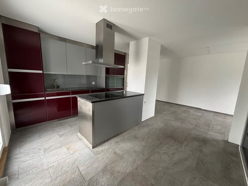 Modern, unfurnished kitchen with sleek, dark red cabinetry, stainless steel appliances, and a central island. The space features a tiled floor and ample natural light from large windows.