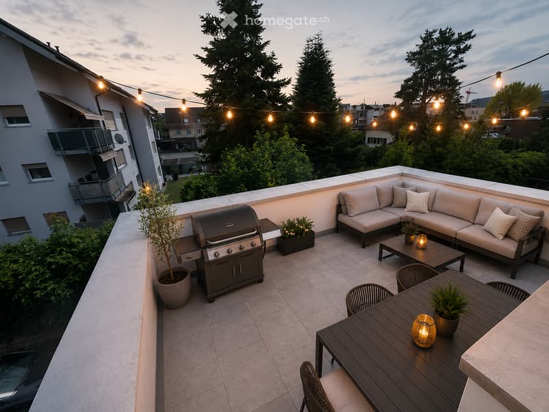 Balcony with a modern outdoor setup, including a sectional sofa, coffee table, dining table with chairs, grill, potted plants, and string lights.