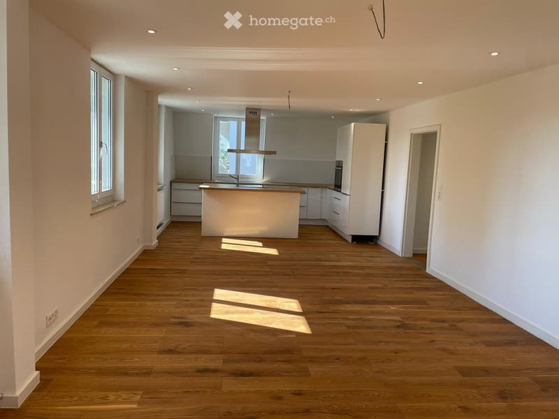 empty room, wooden floor, kitchen island, modern kitchen, white appliances, windows, bright
