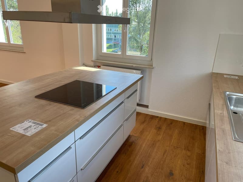 modern kitchen with induction hob, stainless steel sink, underfloor heating, white cabinets, wooden floors, windows, ceiling-mounted range hood