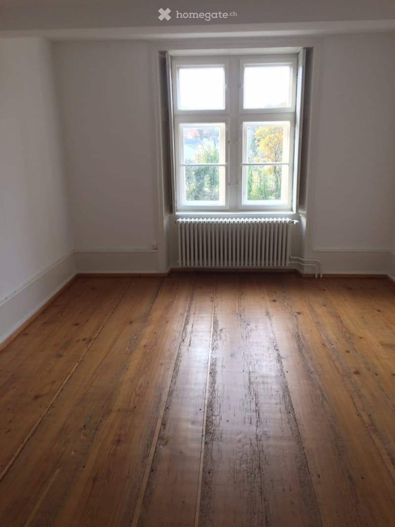 empty room, wooden floor, white walls, large window, white radiator