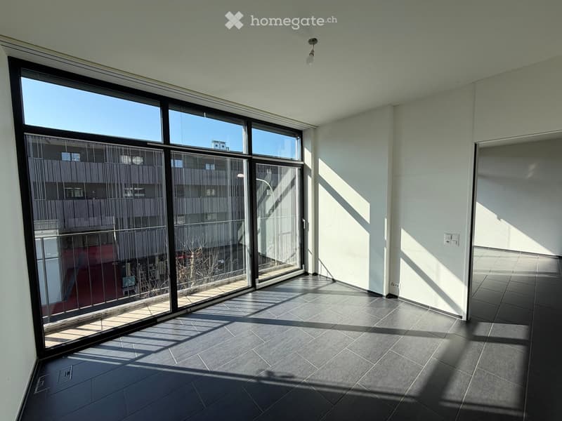 large windows, balcony, gray tiled floor, modern architecture