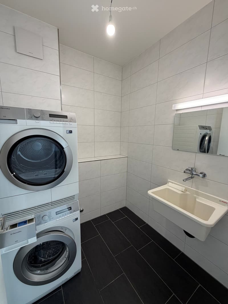 laundry machine and washing machine under mirror and sink