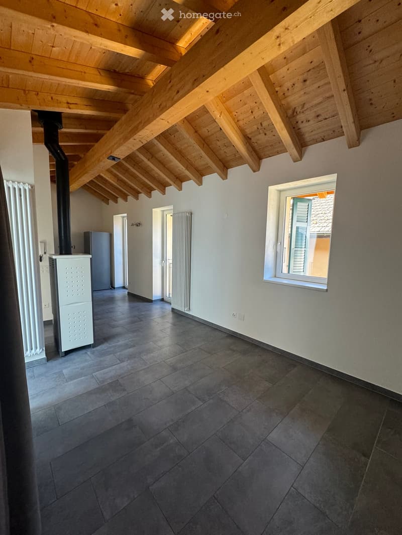 empty room, wooden ceiling, white walls, gray tiles, white radiators, window with shutters