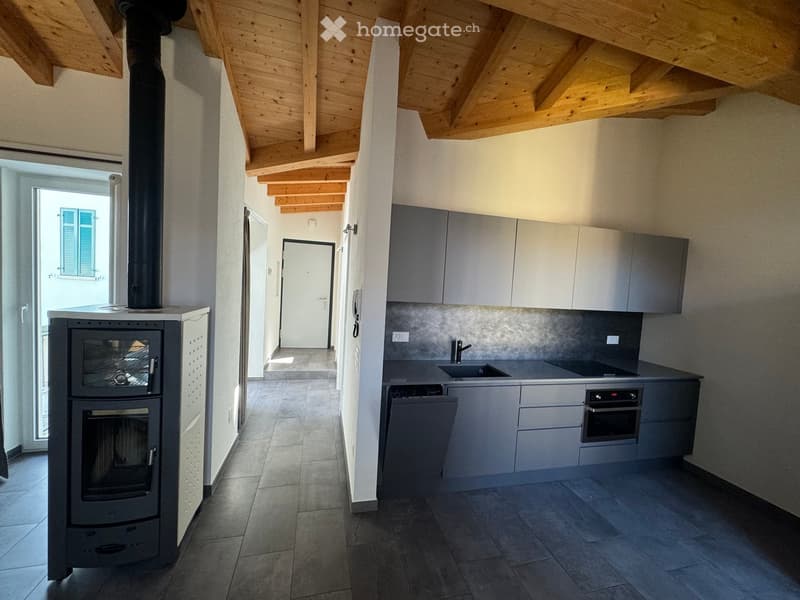 modern kitchen with wooden ceiling, gas fireplace, gray cabinets, black stove, sink, oven