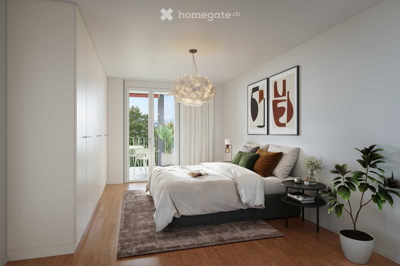 Bedroom with bed, rug, bedside table, lamp, potted plant, wardrobe, balcony, and artwork.