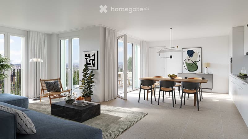 modern living room with dining area, large windows, balcony, white walls, wooden floor, modern furniture, plants, artwork