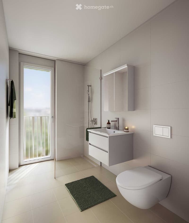 modern bathroom with white tiles, glass door, balcony, white sink, white toilet, shower, towel rack