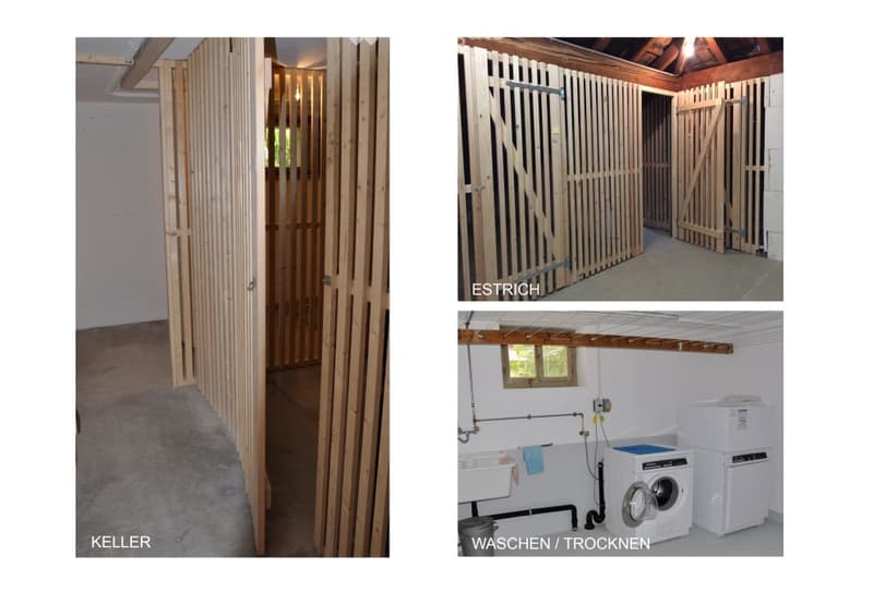 First image shows a wooden entrance area. Second image shows a wooden entrance with an entry gate. Third image shows a room with a washing machine and a small sink.