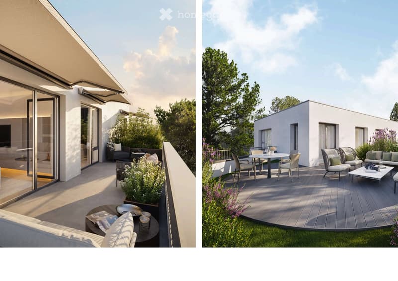 Two modern outdoor spaces: a balcony with a sofa, coffee table, and potted plants, and a wooden deck with a dining table, chairs, and lounge seating.