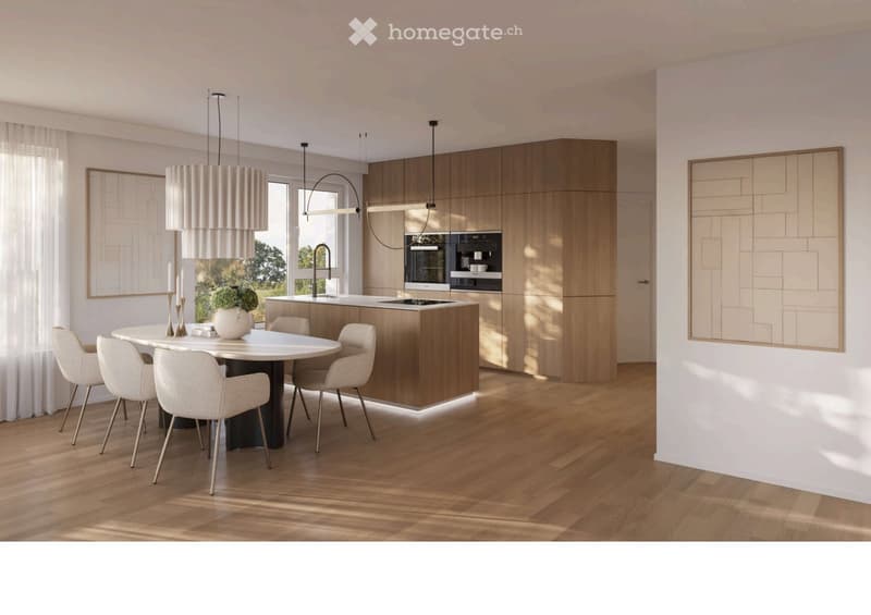 Modern kitchen with wooden cabinets, a central island, a round dining table with four chairs, and a chandelier. The space features a sleek design with a built-in oven and a large window letting in natural light.