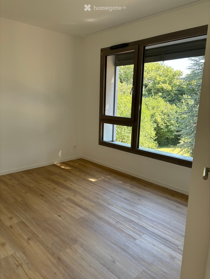 Empty room with light wooden flooring and large windows offering a view of greenery outside.