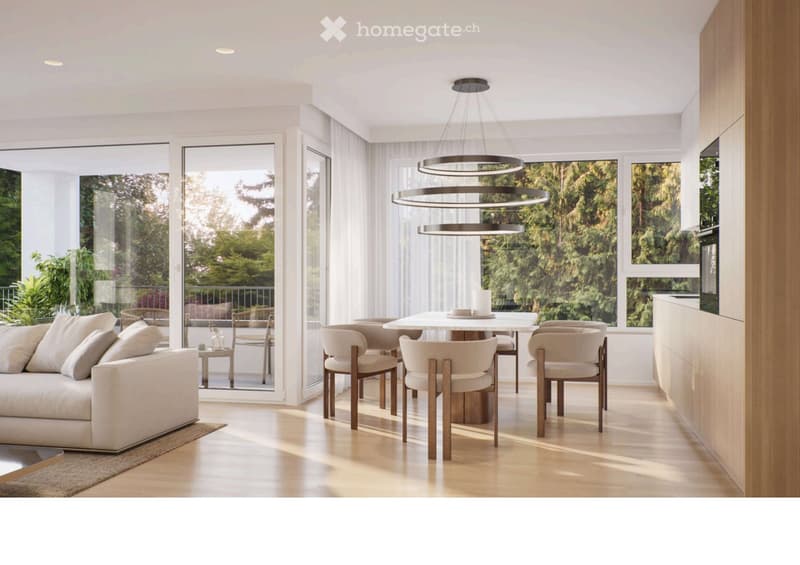 Modern open-concept living and dining area with large windows, a white sofa, a coffee table, a dining table with six chairs, and a sleek floor lamp.