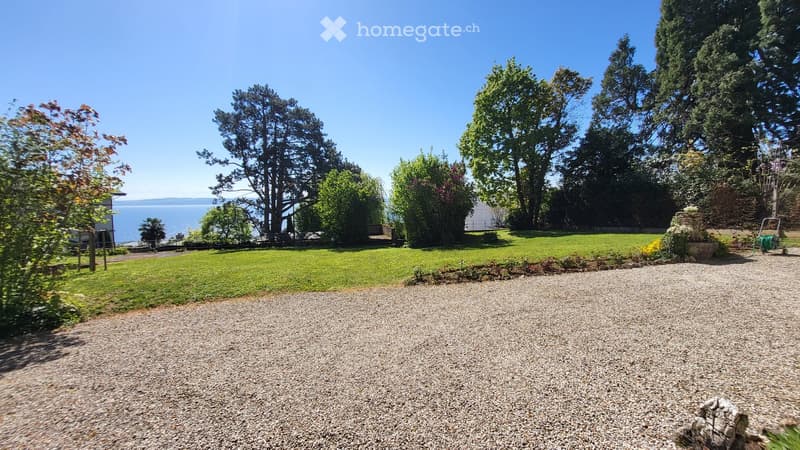 gravel driveway, green grass, trees, plants, sea view
