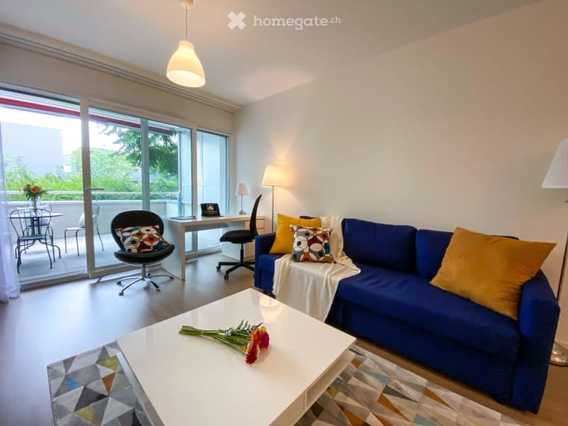 blue sofa, white coffee table, white rug, glass sliding doors, balcony, desk, office chair, floor lamp, table lamp, flowers