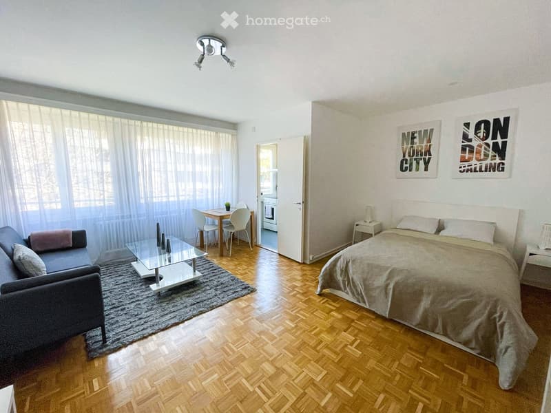 modern interior, wooden floor, white walls, large windows, couch, coffee table, dining table, bed, pillows, nightstands, artwork