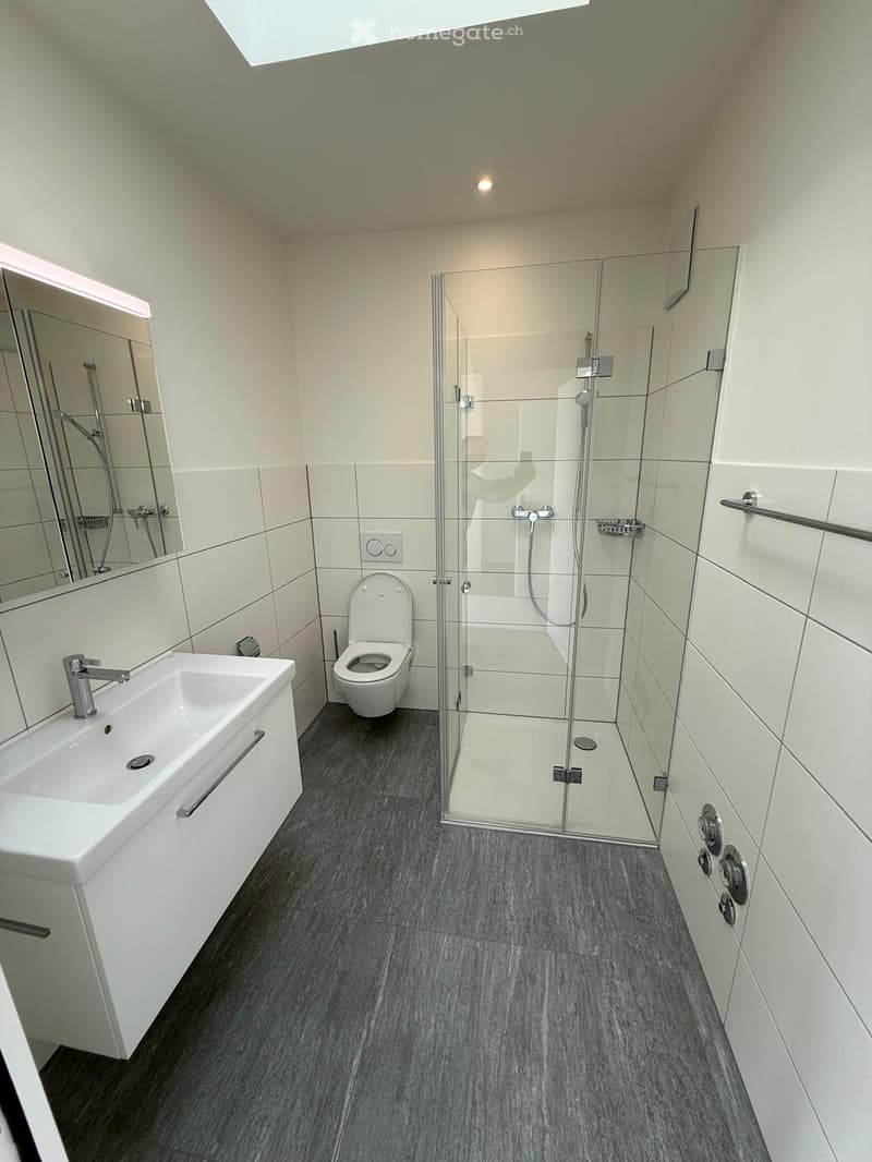 modern bathroom with white tiles, glass shower, white sink, mirror, toilet