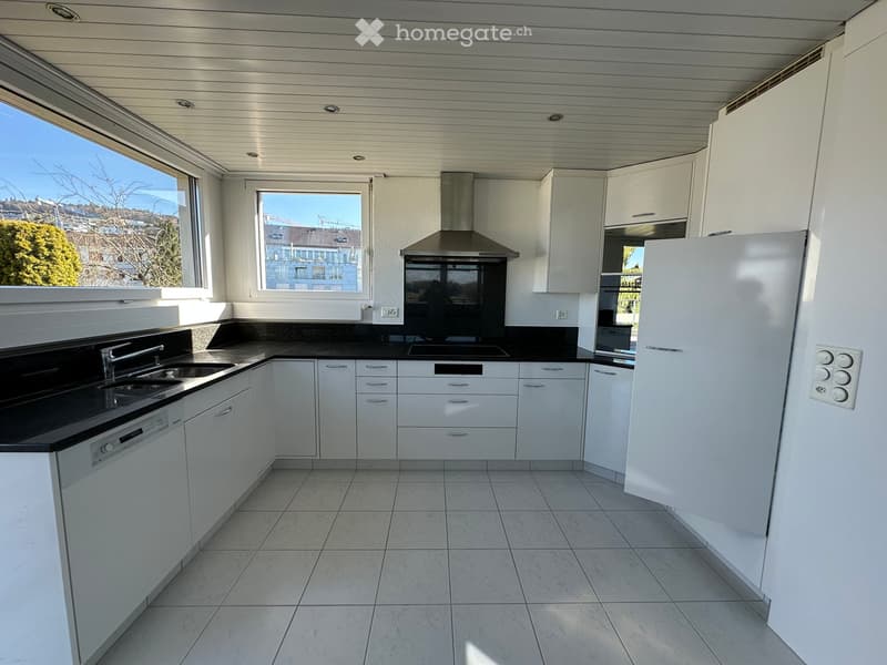 modern kitchen, white cabinets, black countertops, stainless steel appliances, dishwasher, washing machine, large windows