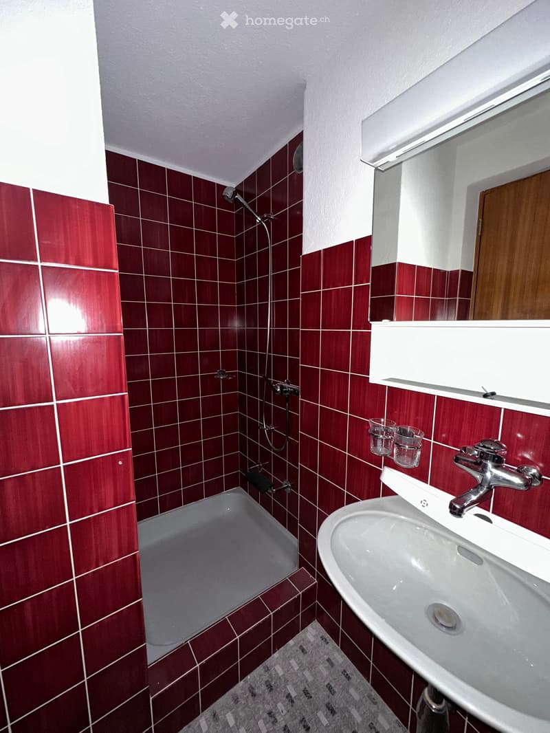 Bathroom with red tiles, white sink, shower with shower head, mirror, and wooden door