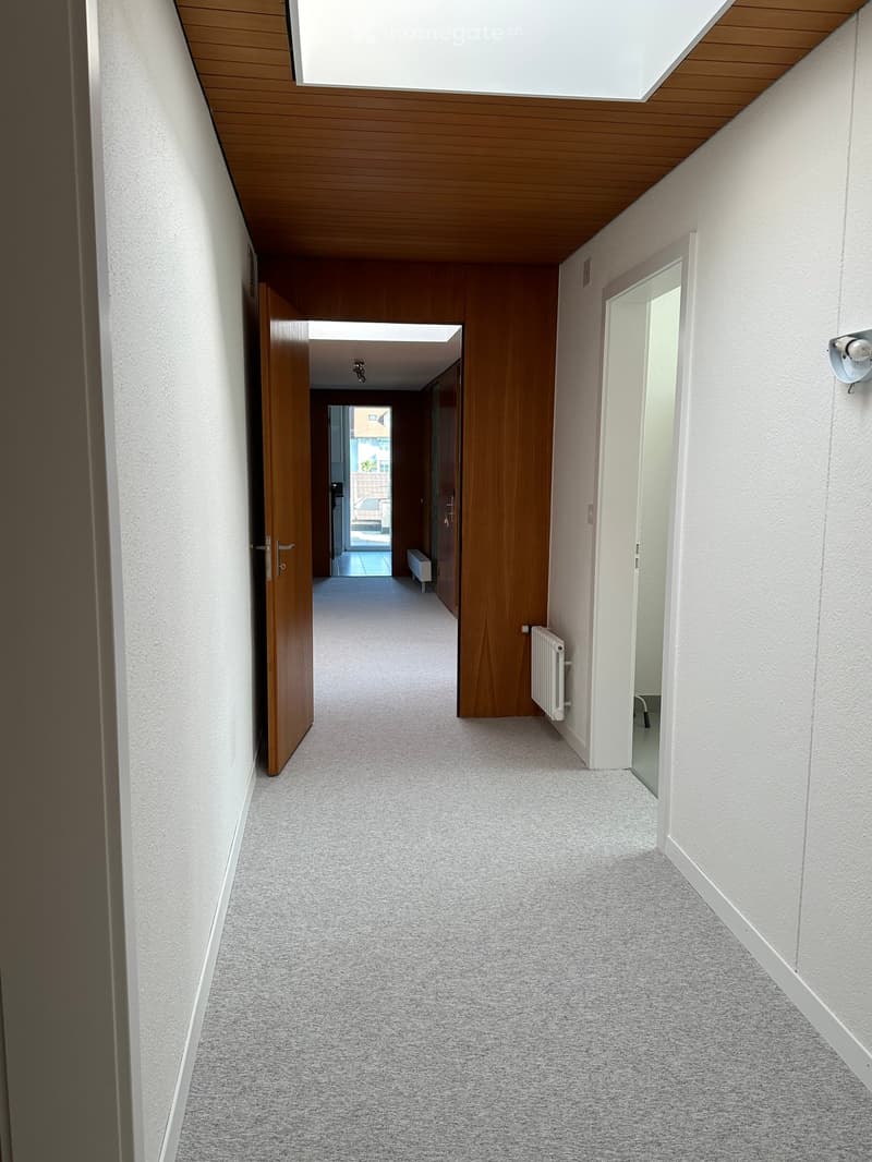 Empty hallway with wooden ceiling, white walls, and gray carpet