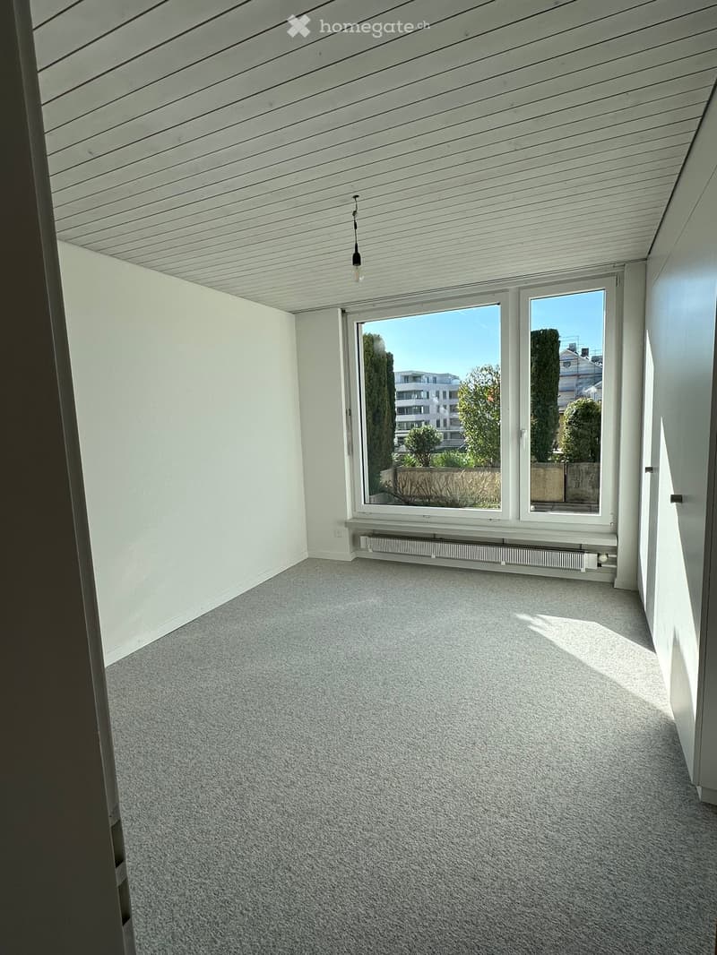 empty room, white walls, gray carpet, large window, view of trees and buildings