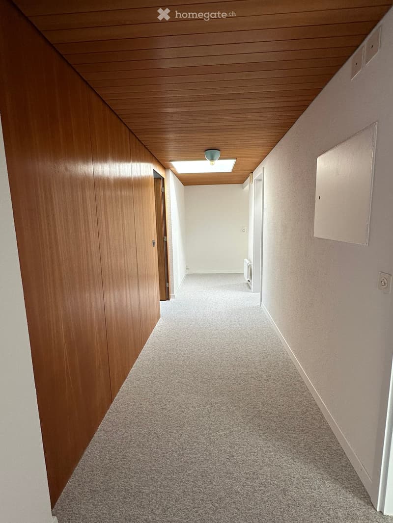 Empty hallway with wooden panels on one side, white walls, and gray carpet