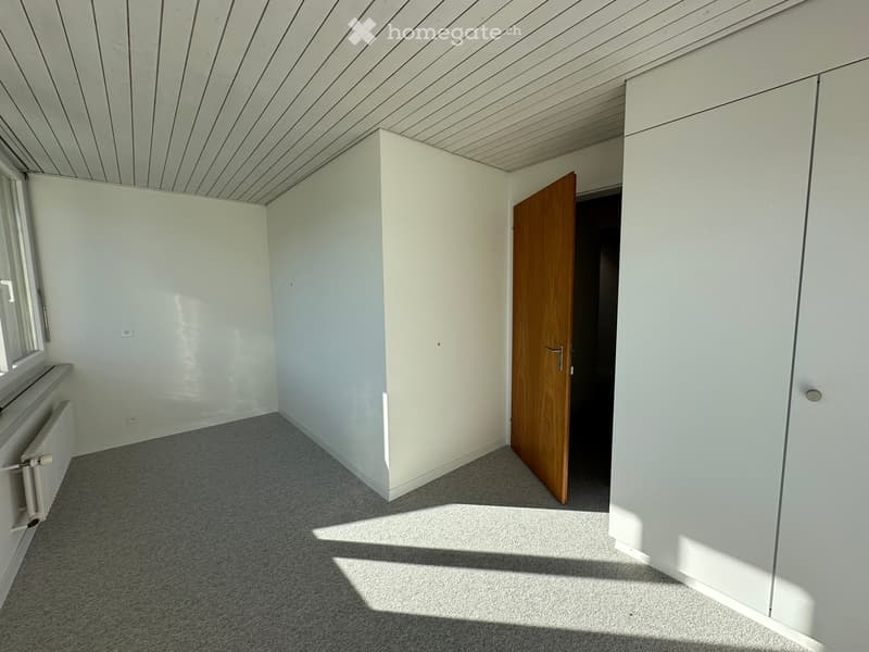 empty room, white walls, wooden door, carpeted floor, window, radiator