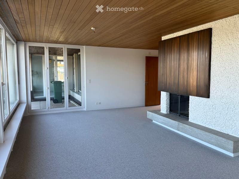 empty room, fireplace, sliding glass doors, wooden ceiling, carpeted floor