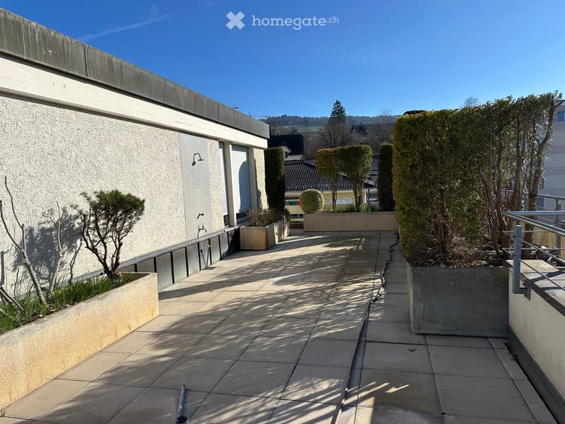 tiled floor, concrete planters, metal railing, shadow of trees, distant houses and trees