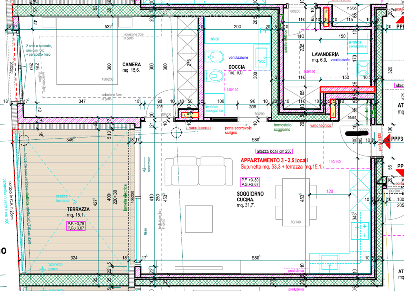 Floor plan showing layout with living room, kitchen, 3 bedrooms, 2 bathrooms, terrace, and laundry area.