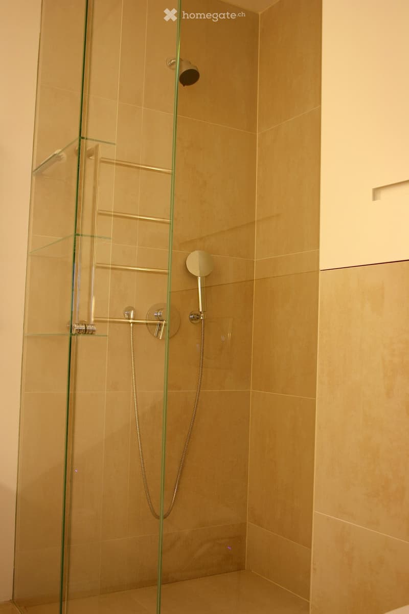 Modern bathroom with a glass shower enclosure, beige tiles, and a chrome shower head and hose.
