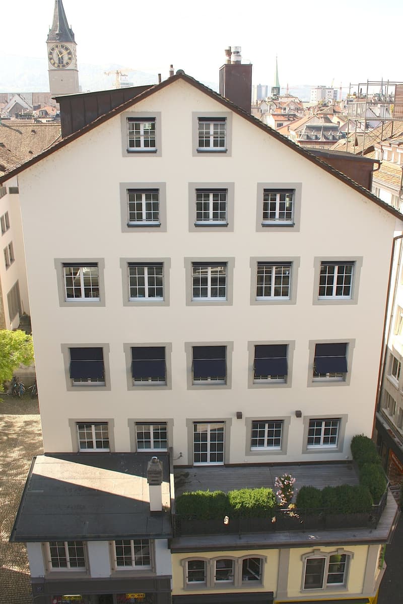 A large white building with multiple windows and a brown roof. The building has a symmetrical design with evenly spaced windows. The building is located in an urban area with other buildings in the background.