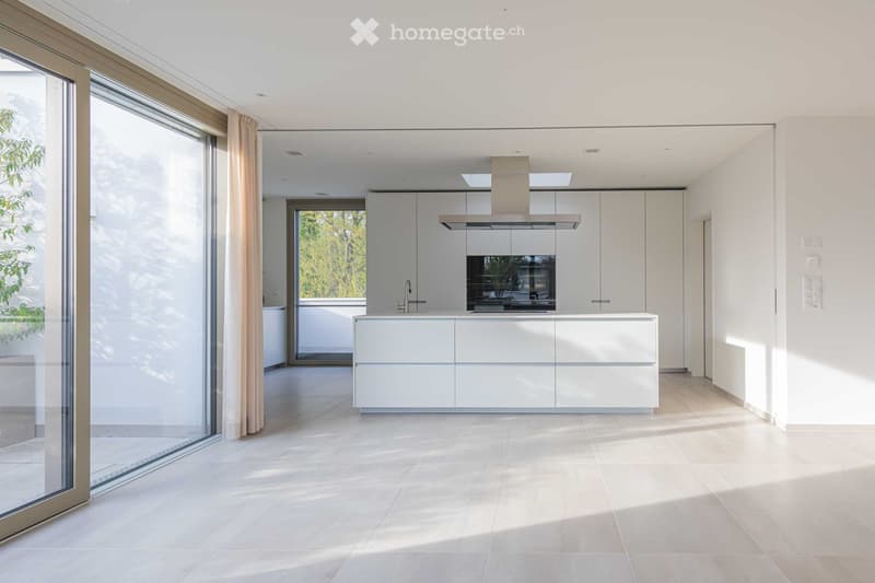 Modern kitchen with white cabinets, a kitchen island, and a built-in oven. Large glass doors and windows provide ample natural light.