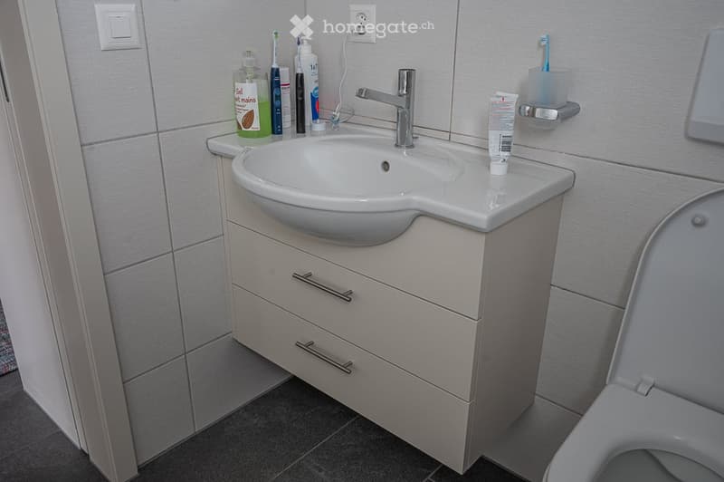 Bathroom with a white sink, silver faucet, and various toiletries on the counter.